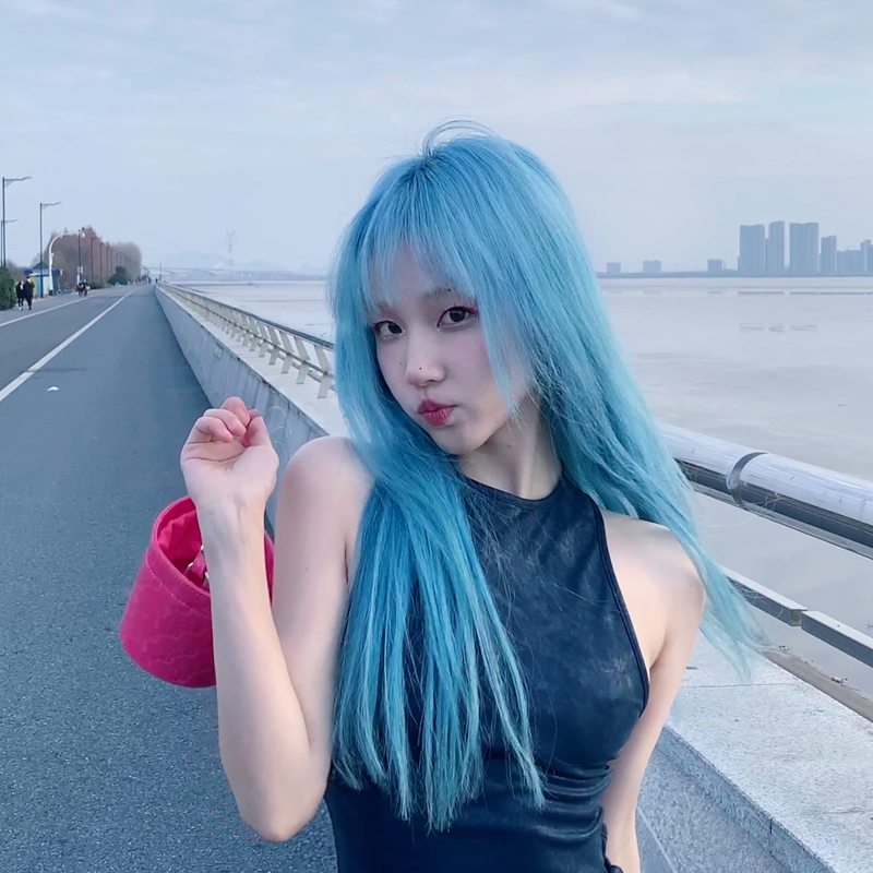 蓝色假发女全头套式lolita圆脸女生日常一刀切空气刘海甜美长直发
