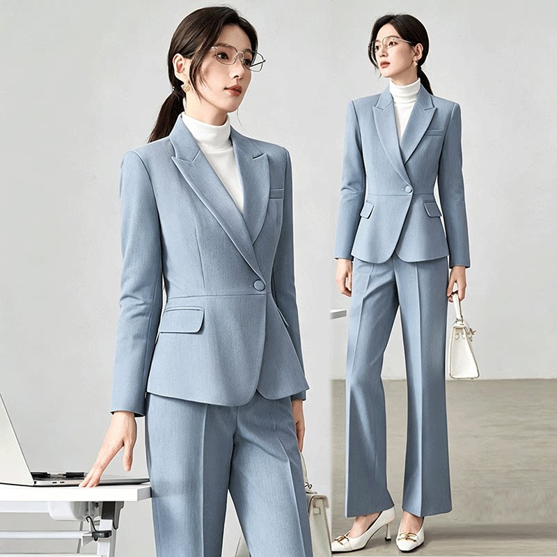 高端灰蓝色西装套装女秋气质修身职业装小个子通勤职业西服两件套