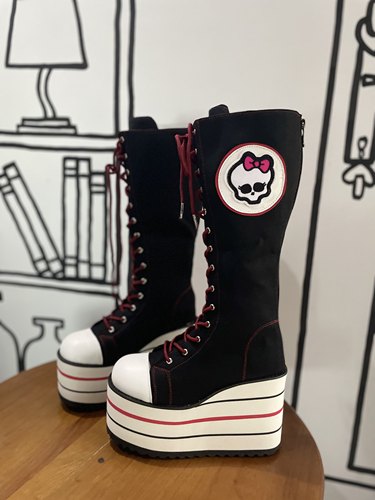 店主实拍增高14厘米帆布小骷髅头长靴坡跟增高帆布靴长筒靴