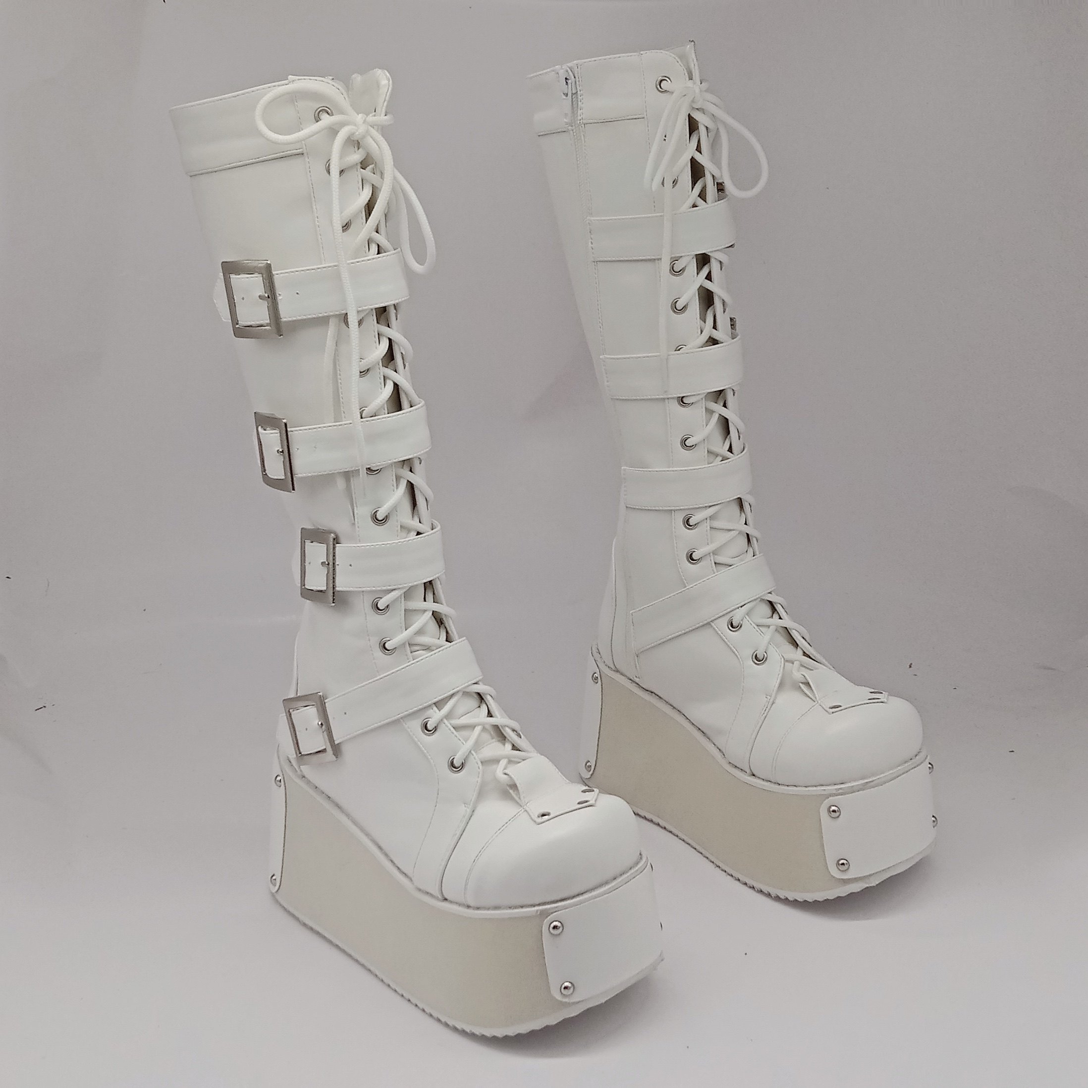 2021新款店主实拍亚文化厚底鞋白色松糕鞋朋克风原宿风长筒靴胖mm