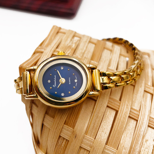 绝版24k镀金小椭圆宝石花二针迷你宝蓝色字面百搭时尚石英手表女