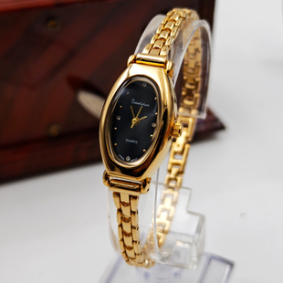 90年代物件宝石花简约复古时尚女士镀金椭圆黑色链条皮带石英手表