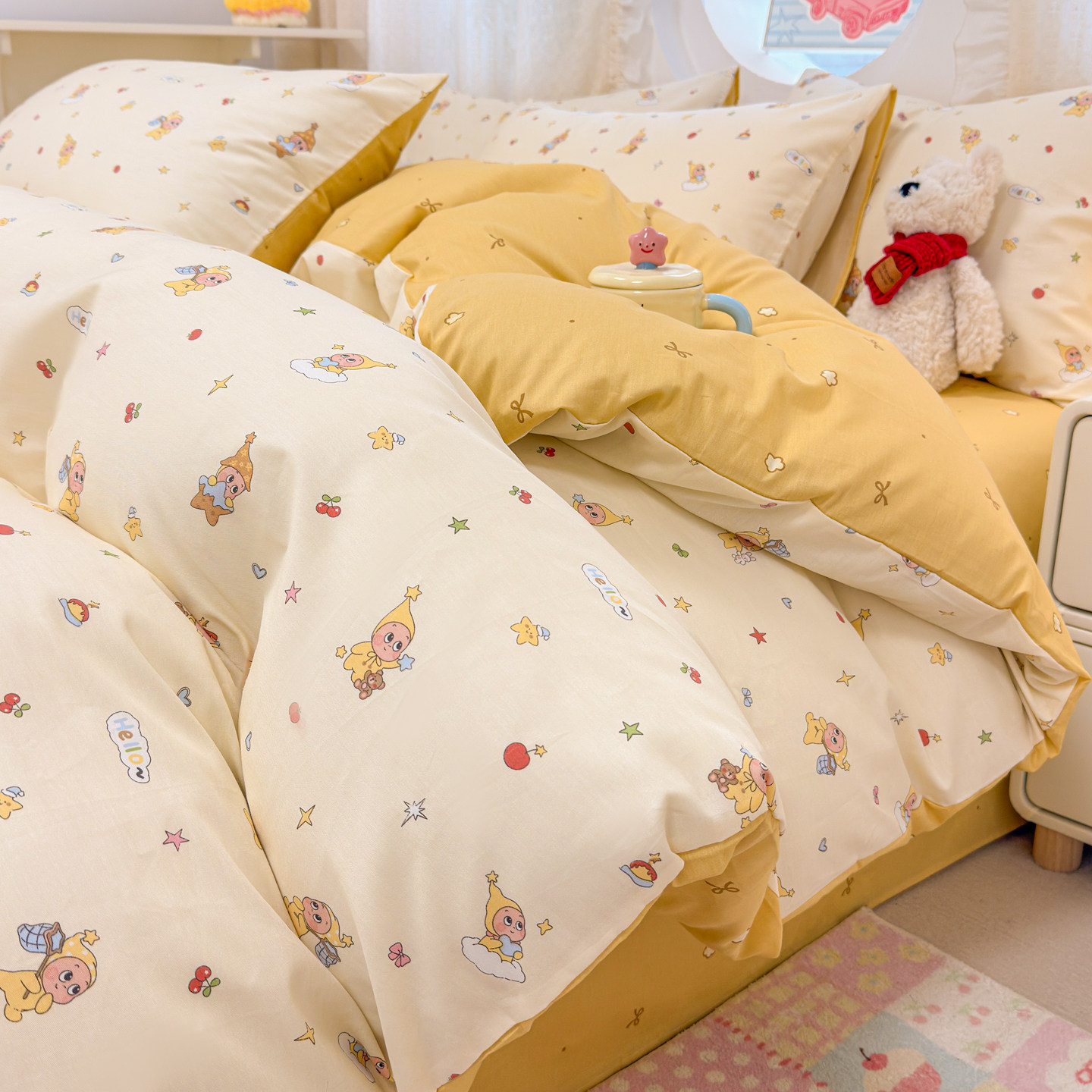 星星人可爱卡通全棉四件套纯棉床上用品被套床单女学生宿舍三件套,床上用品,床品套件/四件套/多件套,淘宝优惠券,粉丝福利购,淘宝优惠卷