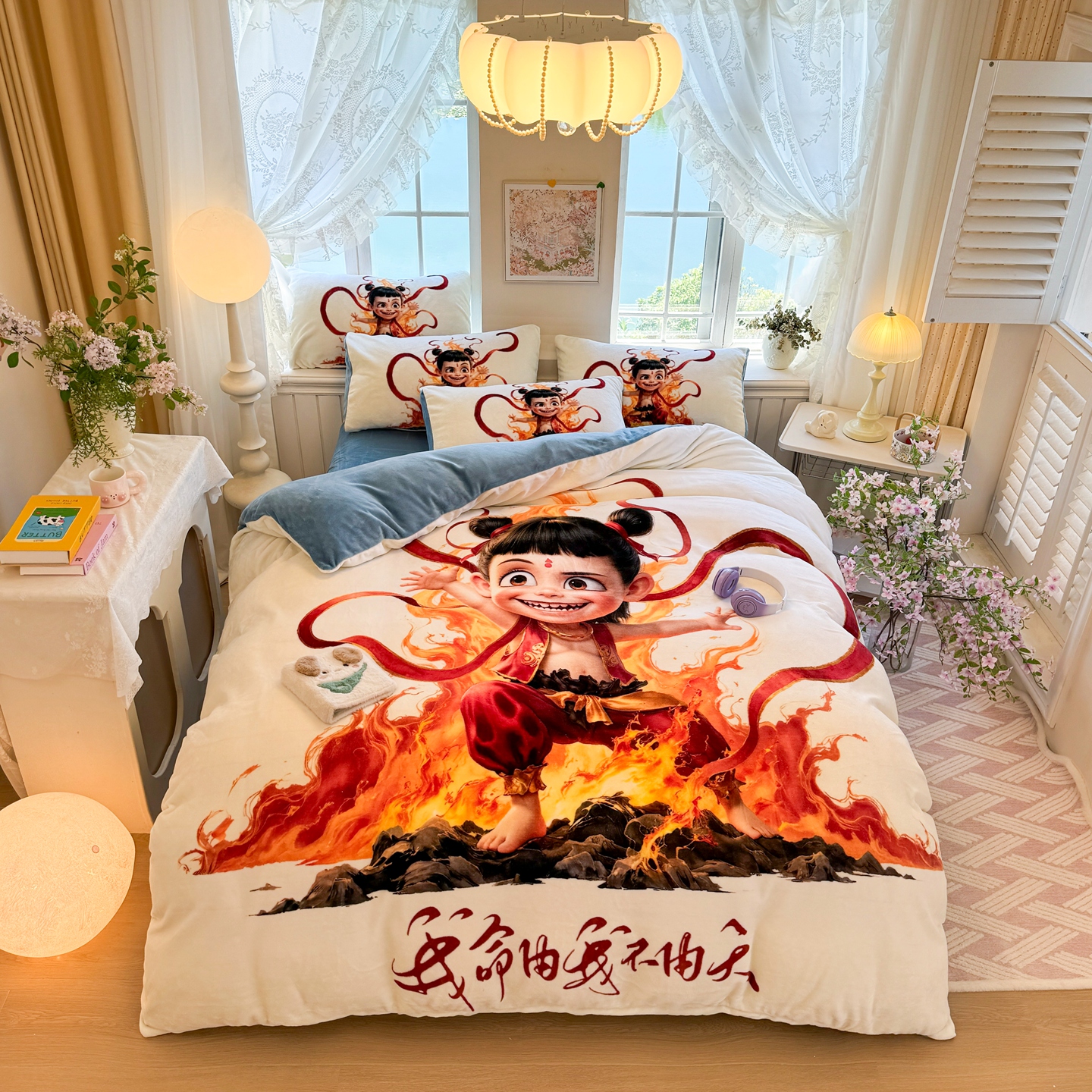 哪吒牛奶绒四件套卡通动漫床品男