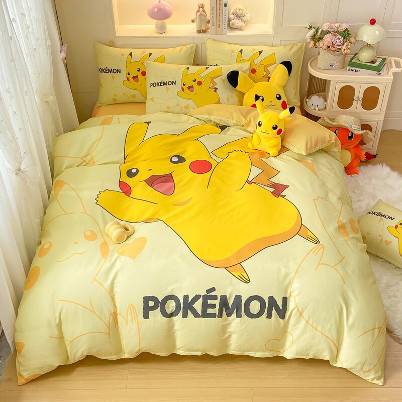 宝可梦皮卡丘四件套纯棉全棉儿童卡通床上三件套宿舍男孩床单被套