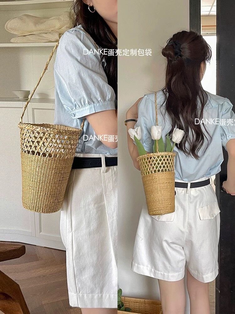 法式复古度假手提水桶小提篮单肩编织包 ins拍照道具儿童草编包