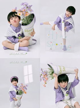 新款儿童摄影服装道具春天紫色系男孩艺术照拍摄宝宝手捧花背包花