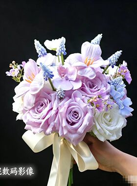 高级感紫色仿真花婚礼新娘手捧花结婚摄影道具领证登记郁金香花束