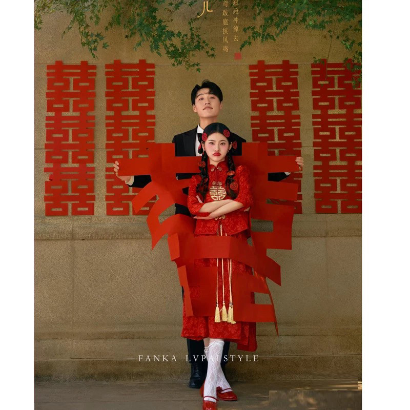 新中式旗袍喜嫁风婚纱照道具喜连喜背景装饰超大方喜字拍照道具