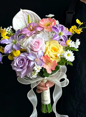 莫奈油画风手捧花多巴胺色系仿真花拍摄道具婚纱影楼新娘花束混搭