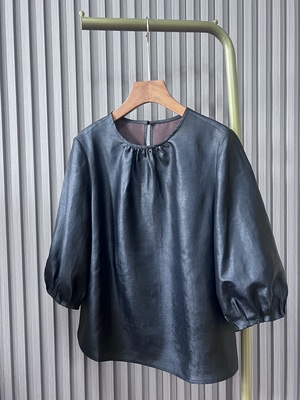 文艺香云纱八分袖上衣 圆领灯笼袖上衣