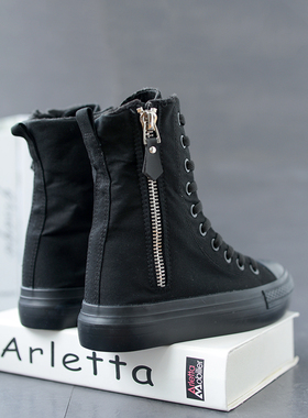 2023韩版高帮厚底内增高休闲拉链帆布鞋百搭全黑色简约加绒棉鞋