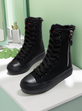 2023韩版高帮厚底内增高休闲拉链帆布鞋百搭全黑色简约加绒棉鞋