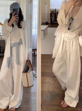 韩舞团白色棉麻阔腿裤女夏薄款宽松慵懒透气质垂坠感直筒拖地休闲