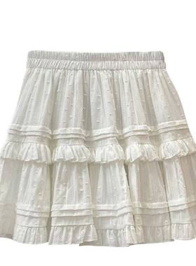 夏季新款白色高腰短裙法式蓬蓬裙女装A字显瘦