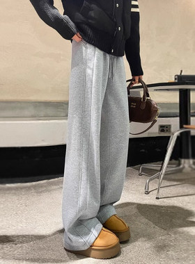 韩舞团灰色加绒卫裤女秋冬高腰显瘦加厚阔腿裤运动休闲裤窄版直筒