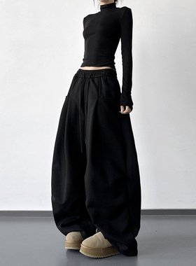 秋冬新款黑色加绒加厚抽绳休闲裤女宽松舞蹈垂感阔腿裤运动卫裤子