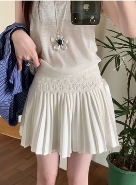 白色甜美半身裙女春季高腰显瘦蕾丝拼接系带百褶裙防走光百搭短裙