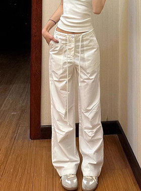 韩舞团白色工装裤女夏季薄款2026新款美式辣妹休闲窄版直筒阔腿裤
