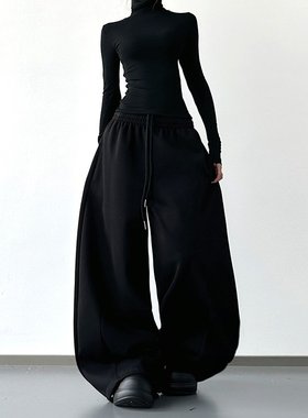 黑色加绒加厚运动裤女秋冬2026新款宽松美式卫裤宽松显瘦阔腿裤AD