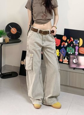 韩舞团美式复古做旧灰色多口袋工装裤宽松慵懒风阔腿通勤裤子女新