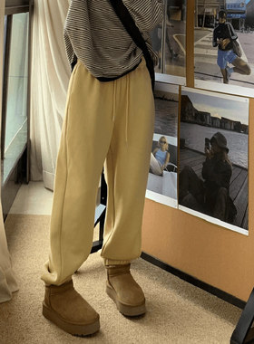 韩舞团黄色卫裤女加绒加厚冬季2026新款高腰宽松显瘦运动休闲束脚