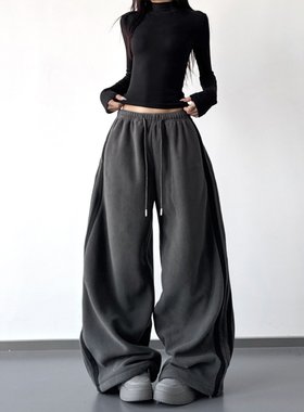 灰色冬季卫裤运动裤女2026新款简约松紧腰宽松显瘦直筒休闲阔腿裤