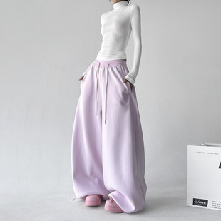 抽绳阔腿裤 韩舞团加绒粉色卫裤 高腰街头休闲运动裤 2026新款 女冬季