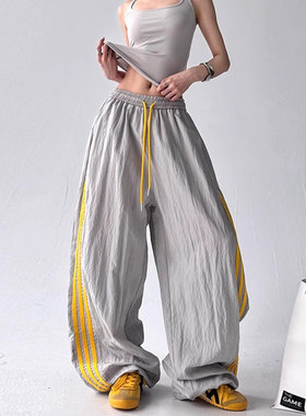 韩舞团灰色速干工装裤女夏季薄款辣妹条纹拼接运动休闲裤直筒阔腿