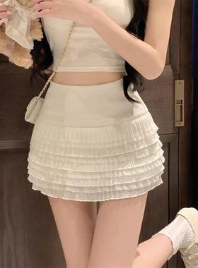 白色气质甜美辣妹蕾丝褶皱短裙夏季夏设计感显瘦百搭蛋糕A字裙子