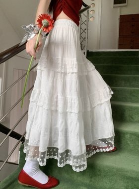 白色设计感蕾丝花边蛋糕裙A字半身裙女夏季高腰法式长裙大摆裙子