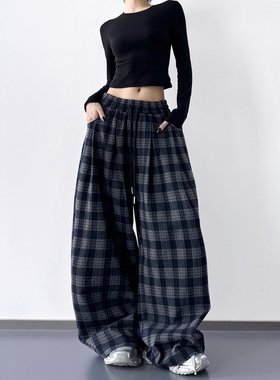 韩舞团黑色阔腿裤女2026新款秋装高腰垂感高级感裤别致格子休闲裤