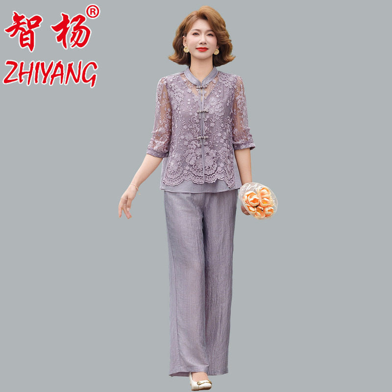 夏季蕾丝立领宽松妈妈两件套