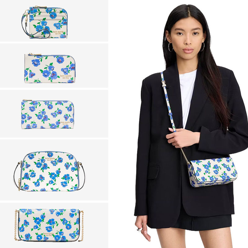 kate spade 2025新款蓝色印花卉小方包贝壳包卡包钱包清新淡雅KS