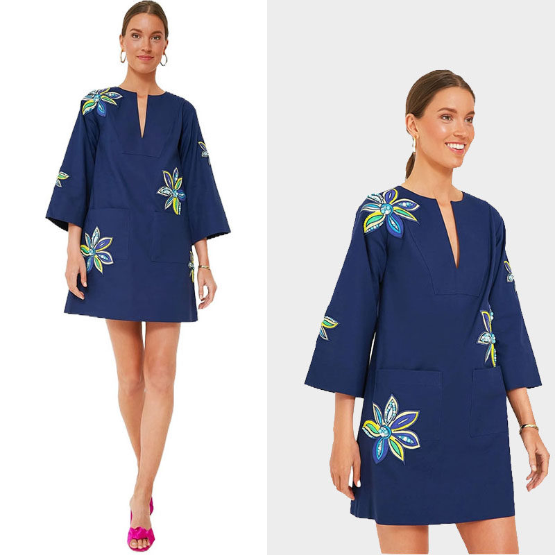 katespade连衣裙亚麻海葵花刺绣