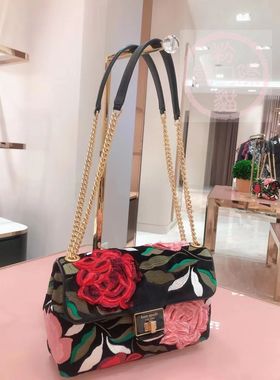 kate spade双色玫瑰立体刺绣单肩链条包sam手提包印花钱包卡包KS