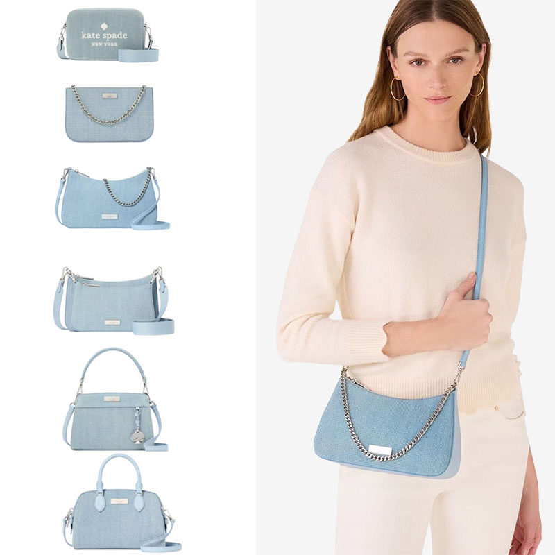 kate spade 2025新款牛仔蓝色重工水钻单肩腋下包子母包波士顿包