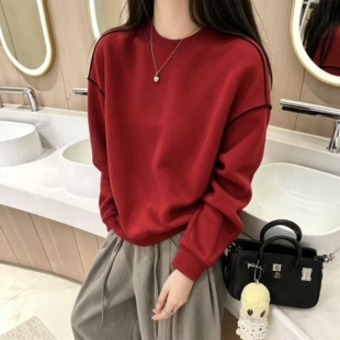 韩版宽松圆领套头长袖卫衣女红色休闲百搭显瘦拼接线装饰上衣潮女