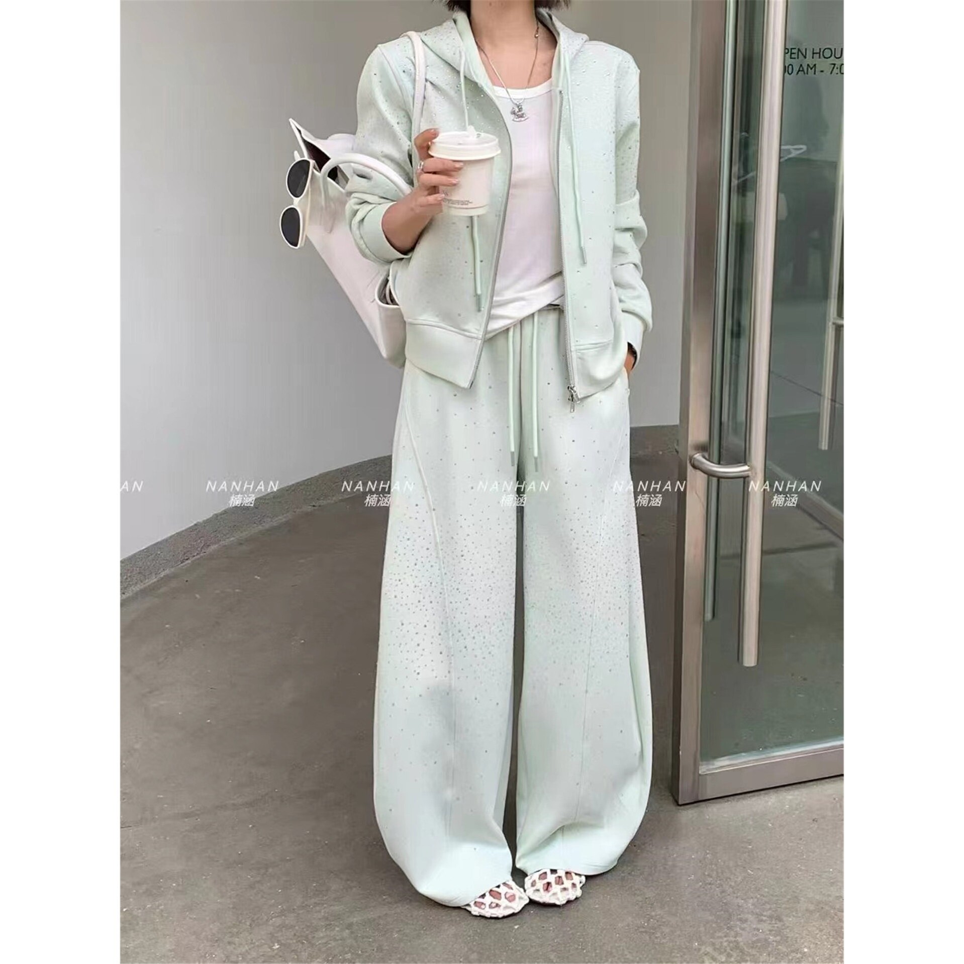 NANHAN正品两件套套装连帽烫钻卫衣开衫弯刀裤阔腿裤显瘦休闲春款