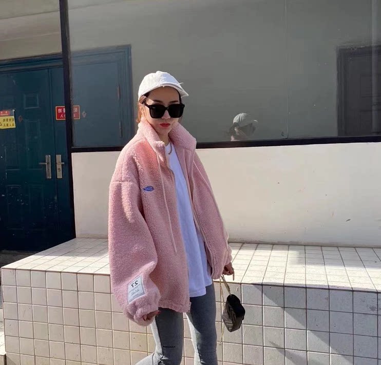 粉色厚外套女气质立领中长款胸前小标宽松休闲减龄显瘦洋气欧洲站