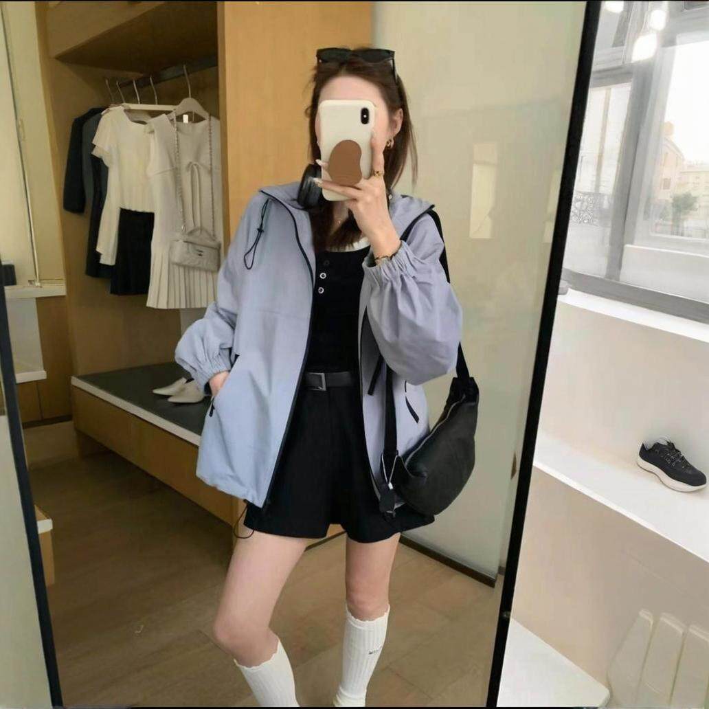 夹克衫棒球服外套女连帽拉链冲锋衣开衫宽松休闲减龄显瘦纯色简约