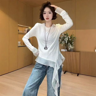 法式休闲风白色长袖T恤女不对称绑带假两件拼接高级感上衣打底衫t