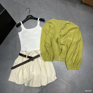 三件套女长袖 腰带套装 防晒衣开衫 半身短裙裤 白色背心T BSMD正品