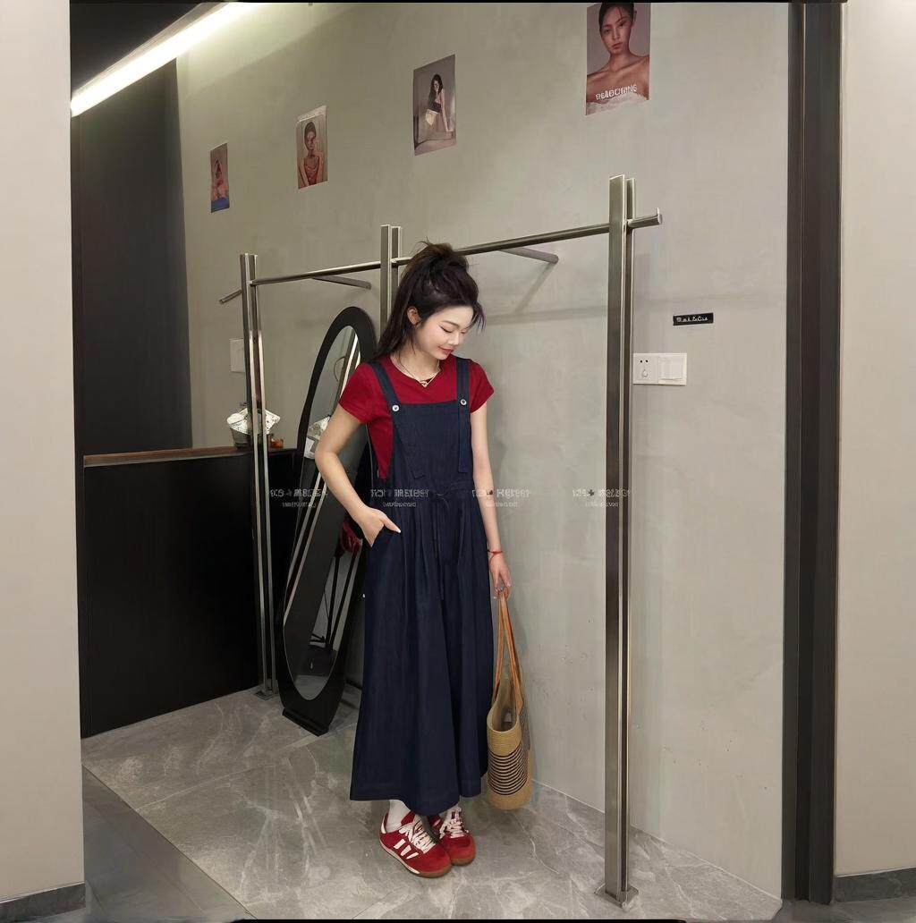 两件套连衣裙套装女短袖T恤+牛仔背带阔腿裤休闲减龄显瘦温柔夏潮