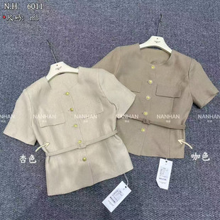 配腰带小香风上衣衬衫 单排扣外套纯色气质 圆领短袖 NANHAN楠涵正品