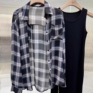 长袖 女薄款 防晒衣复古撞色格子polo领宽松雪纺透视 衬衫 NANHAN正品
