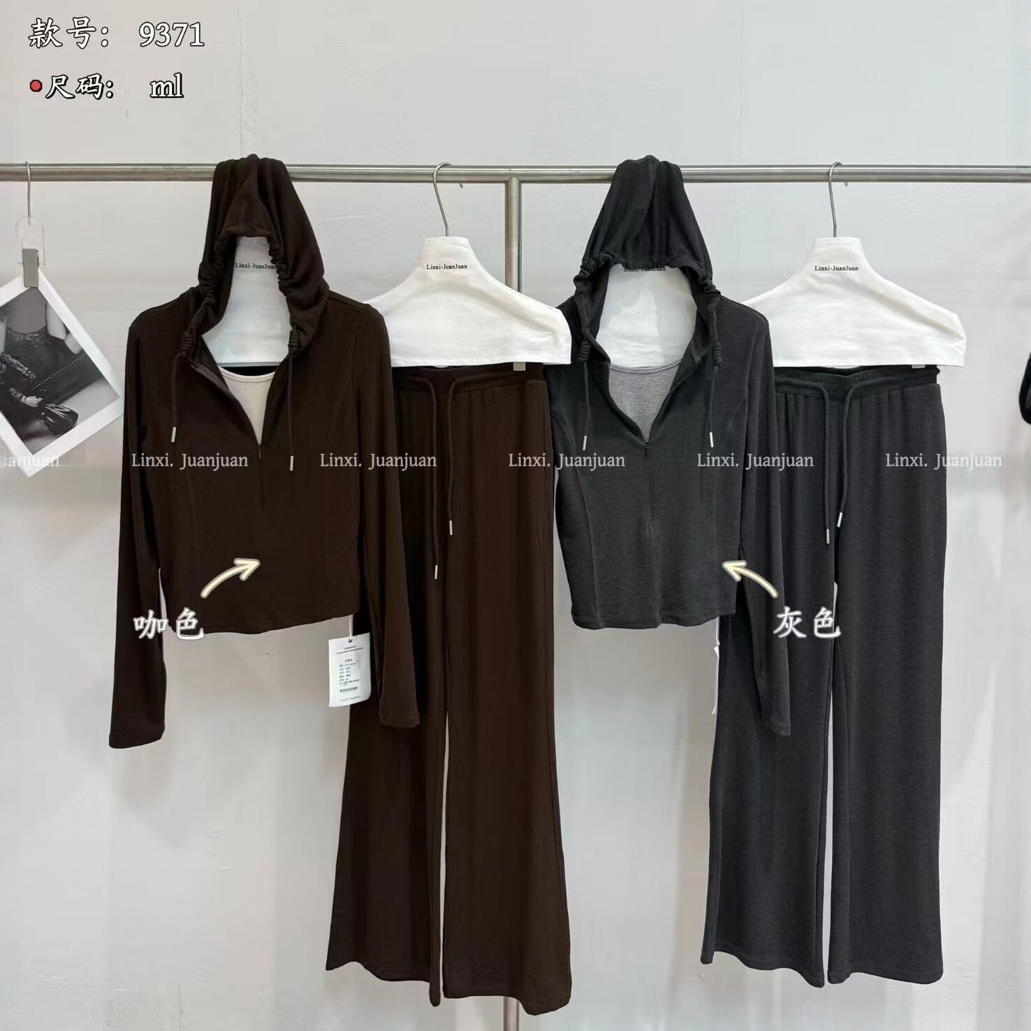 LinxiJuanjuan两件套长袖假两件连帽小版短款T恤休闲长裤运动套装
