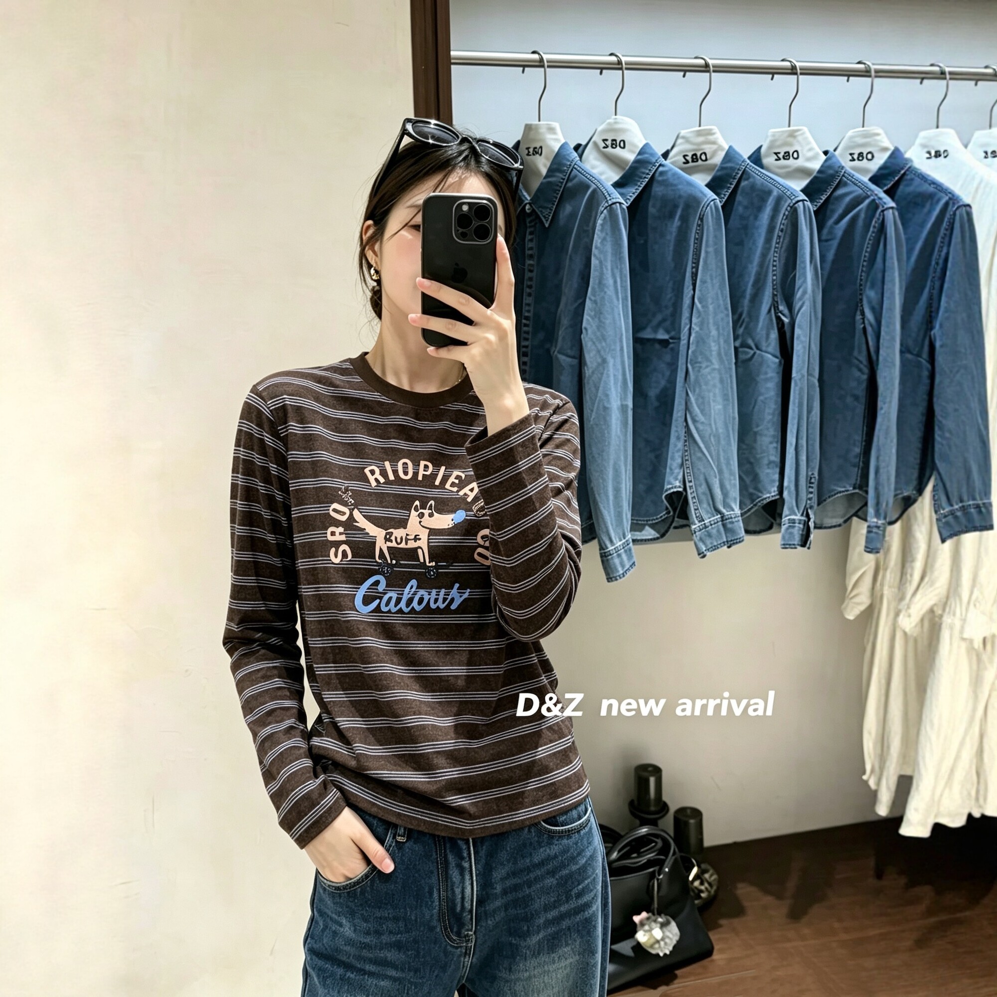 长袖条纹T恤女钉珠字母动物印花减龄显瘦小清新显瘦宽松休闲个性T