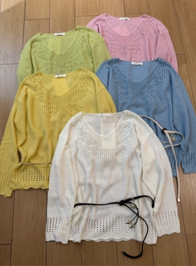 缤典BD正品镂空V领针织衫女春季防晒罩衫宽松显瘦百搭配腰带上衣c