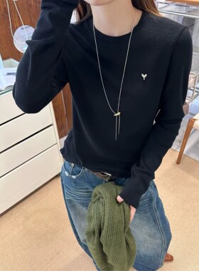 欧洲站圆领黑色爱心钻刺绣长袖T恤女抓毛打底衫简约百搭体恤衫潮t